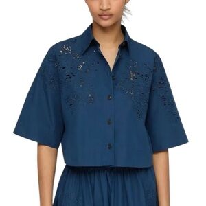 NEW Lafayette 148 Navy Blue Hand Cutout Organic Cotton Poplin Cropped Shirt - XS